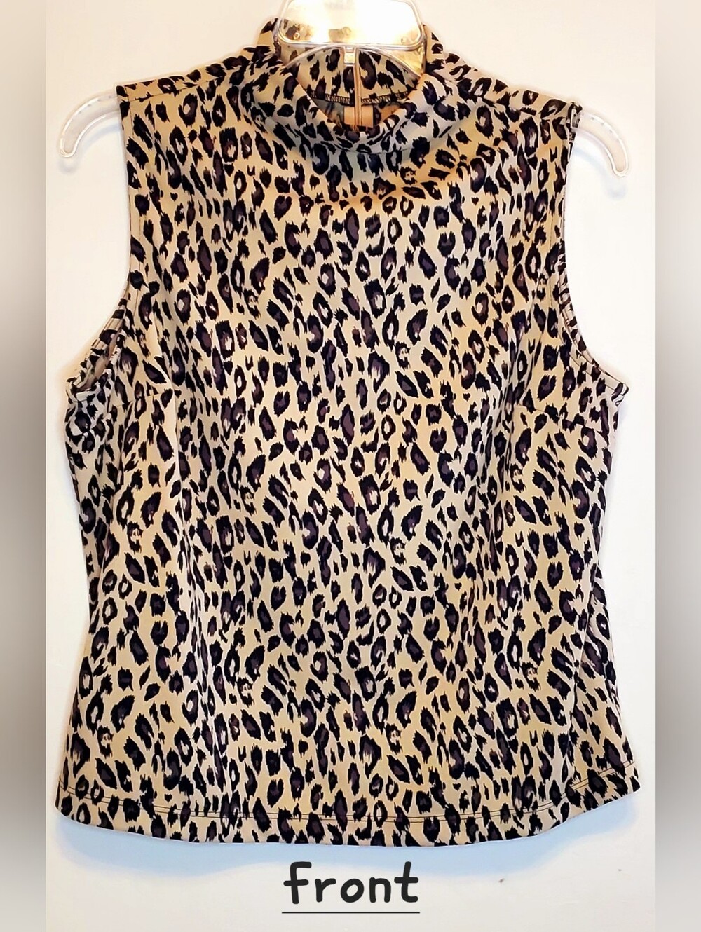 Mock Neck Leopard Print Sleeveless Cami - Beige/Black Size L